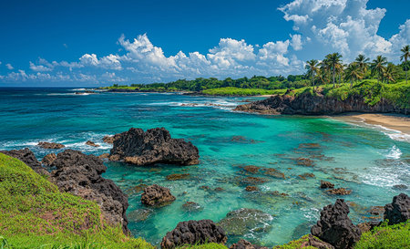 Sunlit waves caress a pristine shoreline lined with swaying palms, set against a vivid sky and...