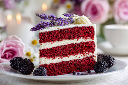 A tempting, multi-tiered red velvet dessert topped with delicate lavender accents and juicy...