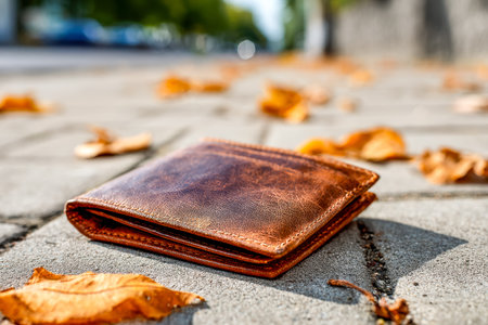 A worn leather pocketbook lies atop a cobblestone surface, encircled by crisp, amber-hued leaves...
