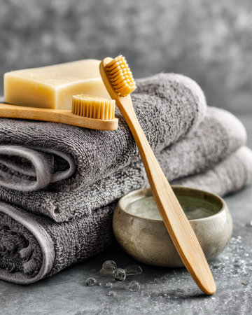 Eco-friendly bamboo toothbrush paired with calming soap, plush towels, and a bowl of aromatic oil, set against a sleek gray backdrop for a soothing spの写真素材