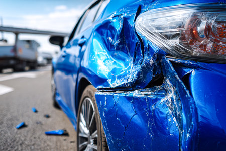 A shattered blue vehicle lies beside the highway, its crumpled frame and broken windshield capturing the aftermath of a severe crash.の写真素材