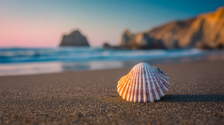 A gentle ocean breeze carries the scent of salty air as a solitary seashell nears the shoreline, illuminated by the warm glow of a pastel-hued sunset over rugged cliffs.の写真素材