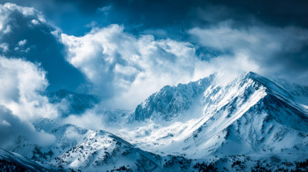 Towering, frosty peaks pierce a ominous sky filled with swirling dark clouds, creating a...