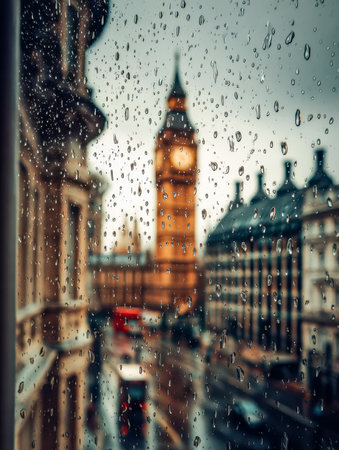 The legendary clock's silhouette emerges through a misty, rain-drenched window, framing a vibrant metropolitan skyline infused with moody, reflective ambience.の写真素材