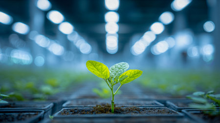 A vibrant young sprout emerges from rich soil, set against a softly blurred backdrop of greenhouse illumination and organized plant rows, highlighting sustainable farming innovationの写真素材