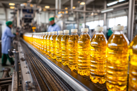 Transparent bottles filled with golden cooking oil move along a busy assembly line within a modern factory. The industrial environment buzzes with precision and efficiency.の写真素材