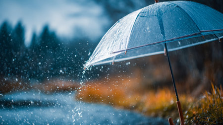 A solitary figure shields themselves with a clear umbrella amidst lush greenery, raindrops adding a...