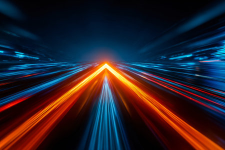 Vibrant streaks of luminous color swirl through a sleek, high-tech corridor, evoking energy,...