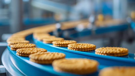 Freshly baked cookies glide smoothly on a bright blue conveyor, set against a sleek, contemporary...
