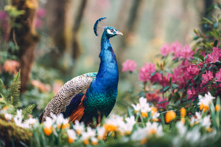 A dazzling peacock with iridescent feathers amid a burst of vibrant blossoms, set in a flourishing...