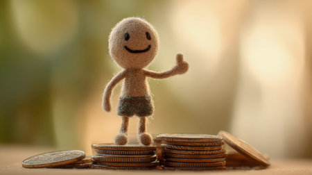 A charming felt hand-crafted figure gives a cheerful thumbs-up atop layered coin stacks, radiating...