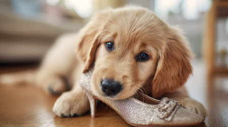 A charming golden retriever puppy peacefully leans against a glittering high heel, basking in warm,...