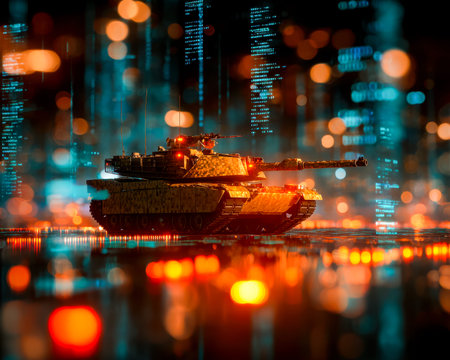 A sleek, high-tech military vehicle shimmers under vibrant city nightscape, surrounded by soft glowing lights and atmospheric bokeh effects.の写真素材