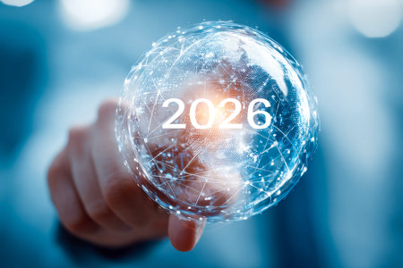 A glowing digital globe with intricate circuitry patterns, featuring the year 2026 at its core,...