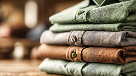 Vibrant casual shirts in diverse hues are precisely stacked on a warm wooden platform, exuding...