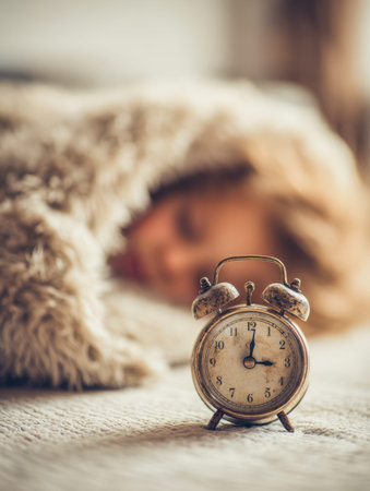 An antique clock marks the hour amidst a softly blurred scene of a tranquil individual nestled in a...