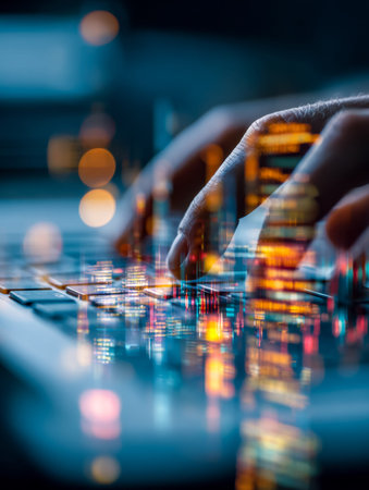 A dynamic scene showcasing hands programming on a keyboard, illuminated by vibrant digital effects,...