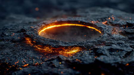 Glowing orange flows surge into a darkened volcanic basin, igniting the rugged landscape with fiery...