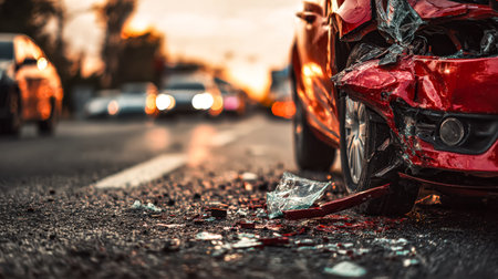A crimson car bears the scars of a recent crash amid bustling city traffic as evening hues cast a warm glow over the chaotic scene.のeditorial素材