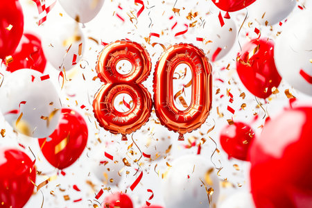Joyful scenes of a milestone celebration featuring vibrant red and white balloons, shimmering...