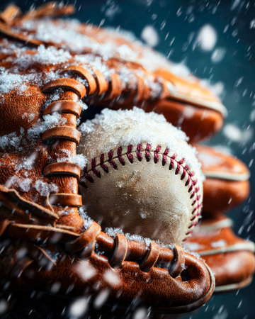 A detailed close-up of worn baseball gloves cradling a pristine ball against a snowy landscape,...