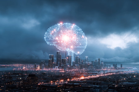 A sleek urban landscape illuminated by vibrant neon lights, featuring a floating luminous neural...