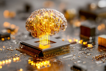 A luminous network of interconnected circuits and glowing data streams forming a human-like mind,...