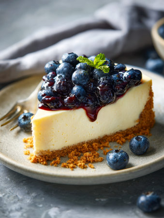 A luscious cheesecake wedge adorned with plump blueberries and a glossy berry glaze, accented by a...