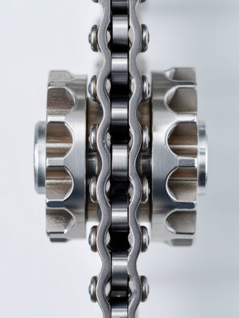 A close-up of a metallic drive chain connecting twin industrial wheels highlights meticulous...