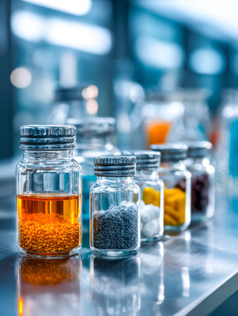 Vibrant glass containers filled with aromatic herbs and bold seasonings line a rustic countertop,...