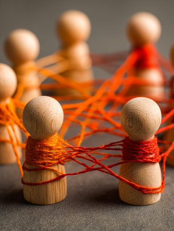 Wooden game pieces linked by vibrant yarns denote unity and strategic planning, evoking themes of...