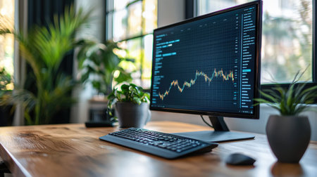 A vibrant workspace featuring a digital finance graph on a sleek monitor, surrounded by lush...