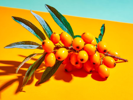 Vibrant clusters of golden berries nestled among lush green foliage contrastingly strikingly against...