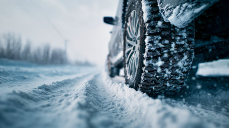 A detailed view captures a rugged tire adorned with snow grips, navigating a frosty terrain dotted...