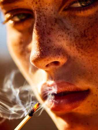A striking portrait captures a youthful individual with prominent freckles and a fierce gaze, holding a lit cigarette, emphasizing raw emotion and vivid details.のeditorial素材
