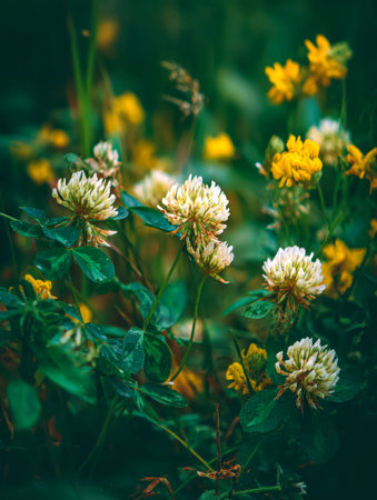 Bright blossoms in striking white and yellow hues emerge amidst dense foliage, creating a lively...