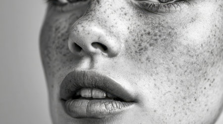 A detailed view of a woman's face showing delicate freckles and subtle skin textures, capturing her genuine, unfiltered beauty with soft lighting and intimate composition.のeditorial素材