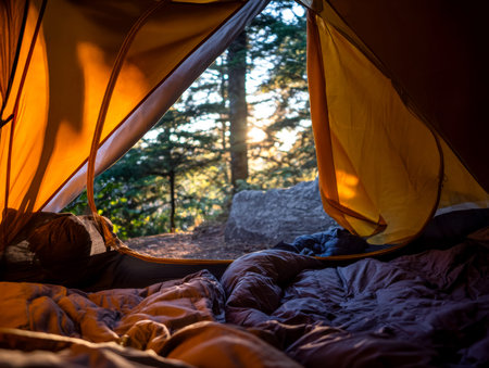 A cozy tent interior frames a breathtaking view of a glowing forest canopy at sunset, evoking serenity and adventure in nature's embrace.の写真素材