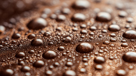 A detailed view of steaming coffee, where tiny shimmering bubbles and dew-like droplets create a...