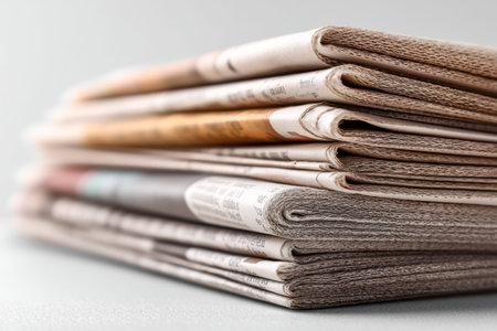 A layered arrangement of newspapers with vibrant headlines and articles, emphasizing the...