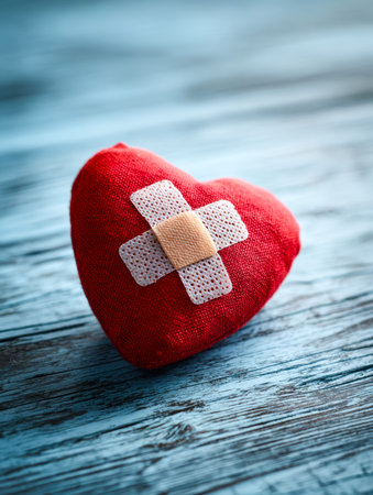 A soft, love-shaped stuffed toy gently wrapped with a medical bandage, resting on aged wooden...