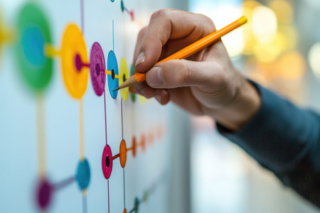 A person points at a vibrant, multi-colored project timeline on a whiteboard, highlighting key...