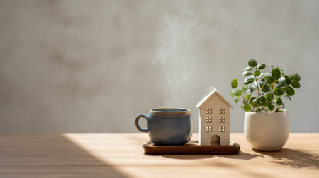 A warm, inviting setting features a freshly brewed beverage, charming tiny house ornaments, and a lush, colorful plant, all arranged on a rustic wooden tray.