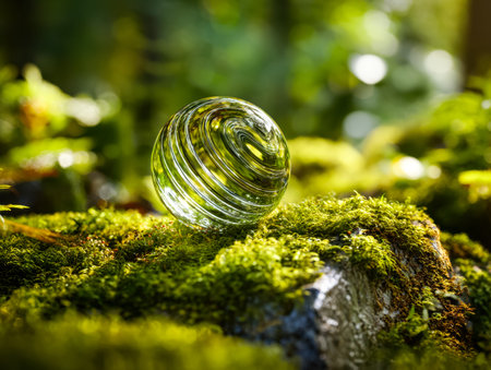 A gleaming glass sphere sits atop a damp, mossy branch amid vibrant greenery, evoking tranquility...