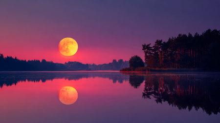 A tranquil lake bathed in twilight hues, featuring a luminous full moon casting a shimmering glow...