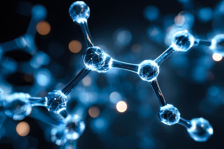 A detailed view of a luminous molecular structure highlighting atomic connections against a dark,...