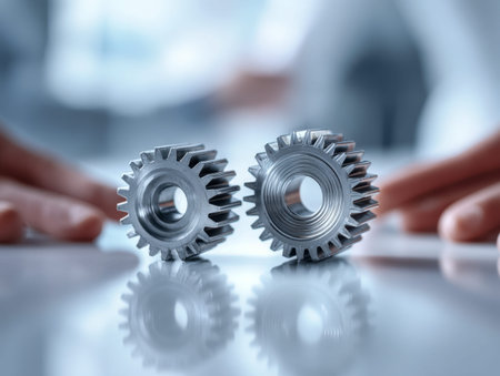Pair of polished metal cogs interconnected on a glossy surface, evoking precision mechanics, while...