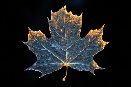 Vibrant maple leaf illuminated from behind, revealing delicate network of veins in vivid hues, set...