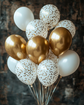 Bright white and shimmering gold balloons adorned with delicate confetti create a sophisticated ambiance, perfect for upscale parties and joyful gatheの写真素材