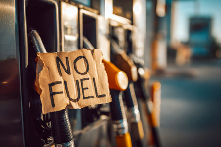 A gas station nozzle displays a prominent no-fuel indicator, signaling customers that refueling is temporarily unavailable amidst a quiet, organized backdrop.の写真素材